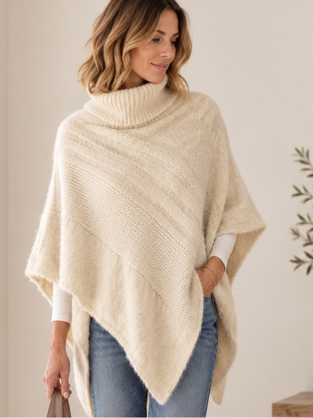 Anthropologie Everything in Love Turtleneck Knit Poncho Cape Metallic Cream
